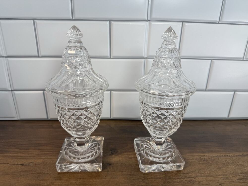 Antique Cut Crystal Covered Urns Candy Jars Pedestal Pair 9.25” Diamond Pattern